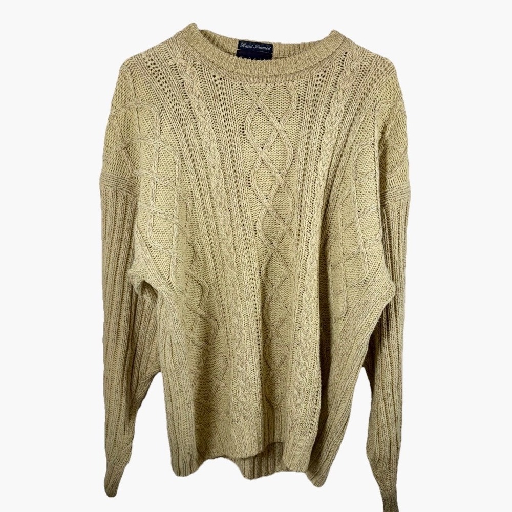 Vintage Gant Sweater Hand Framed Beige Tan Cable Knit Cotton Men L Y2K Fisherman